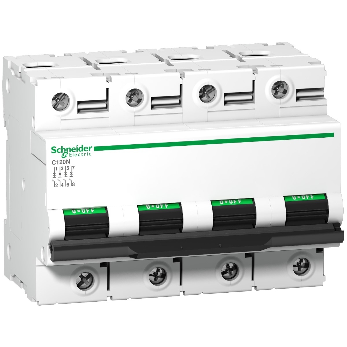 Miniature circuit breaker (MCB), Acti9 C120N, 4P, 100A, D curve, 10000A (IEC/EN 60898-1), 10kA (IEC/EN 60947-2)