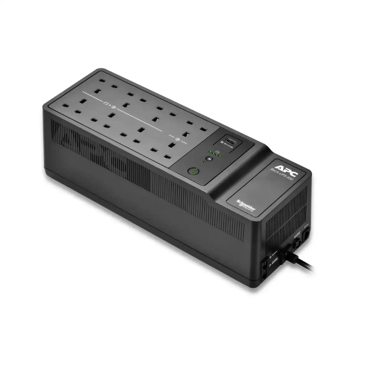 APC Back-UPS, 650VA/400W Floor/Wall Mount, 230V, 8x British BS1363A outlets, USB Type A Port, User Replaceable Battery