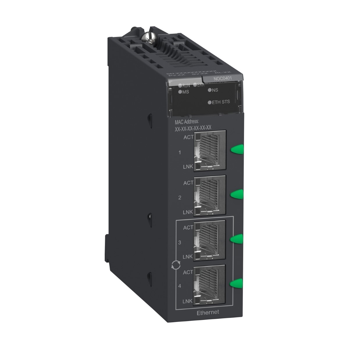 network module, Modicon M340, EtherNet/IP and Modbus/TCP, 4 x RJ45