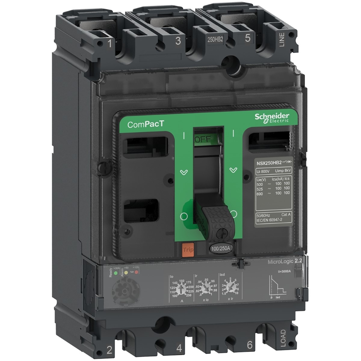 Circuit breaker, ComPacT NSX100B, 25kA/415VAC, 3 poles, MicroLogic 2.2 trip unit 40A