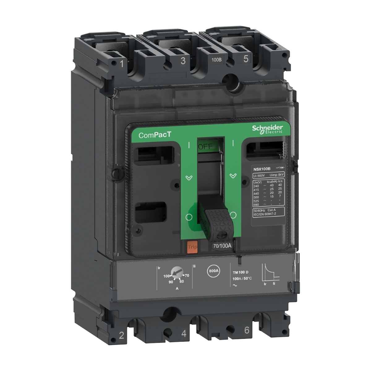 Circuit breaker, ComPacT NSX100B, 25kA/415VAC, 3 poles, TMD trip unit 25A, 50 degrees C