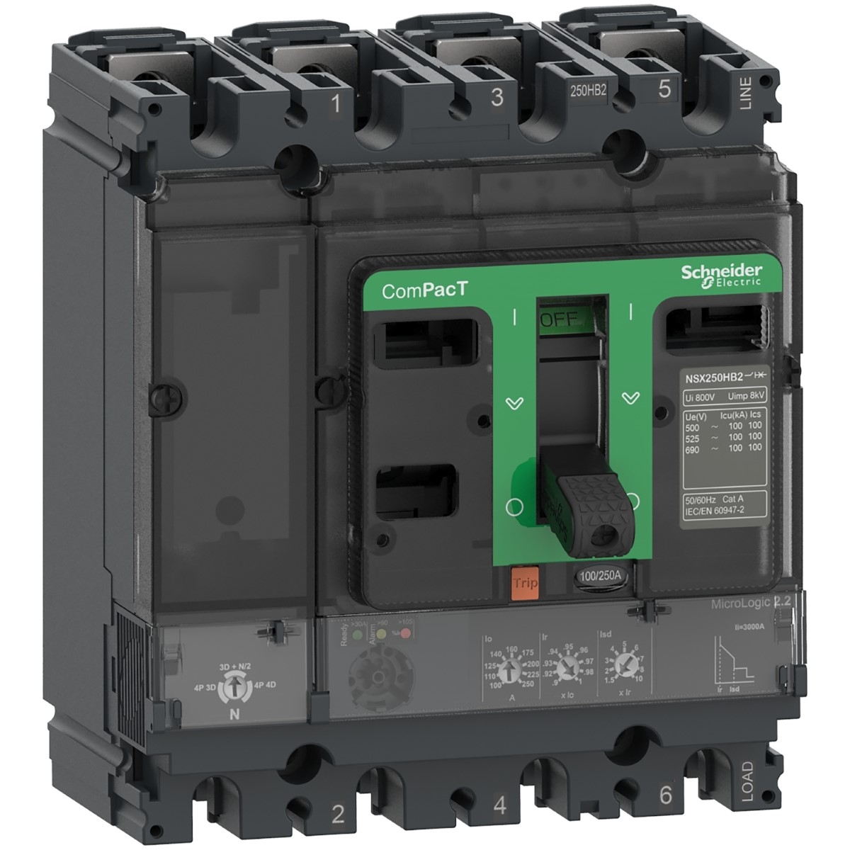 Circuit breaker, ComPacT NSX100B, 25kA/415VAC, 4 poles, MicroLogic 2.2 trip unit 100A