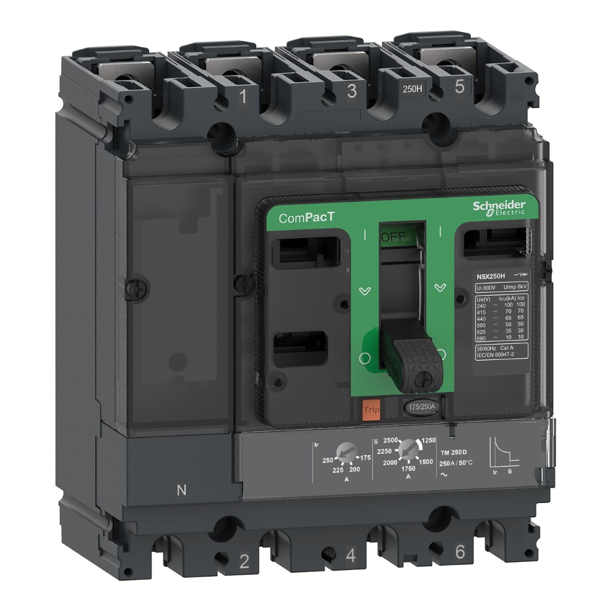 Circuit breaker, ComPacT NSX100B, 25kA/415VAC, 4 poles 4D (neutral fully protected), TMD trip unit 25A, 50 degrees C