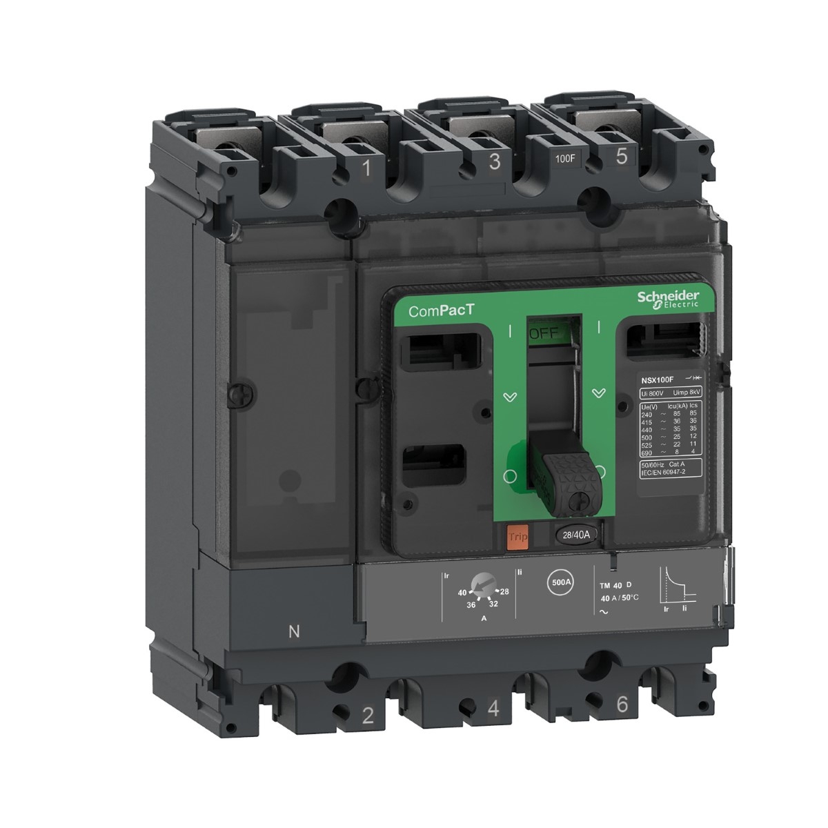 Circuit breaker, ComPacT NSX100F, 36kA/415VAC, 4 poles 3D (neutral not protected), TMD trip unit 16A, 50 degrees C