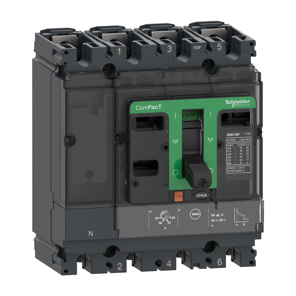 Circuit breaker, ComPacT NSX100F, 36kA/415VAC, 4 poles 3D (neutral not protected), TMD trip unit 40A, 50 degrees C