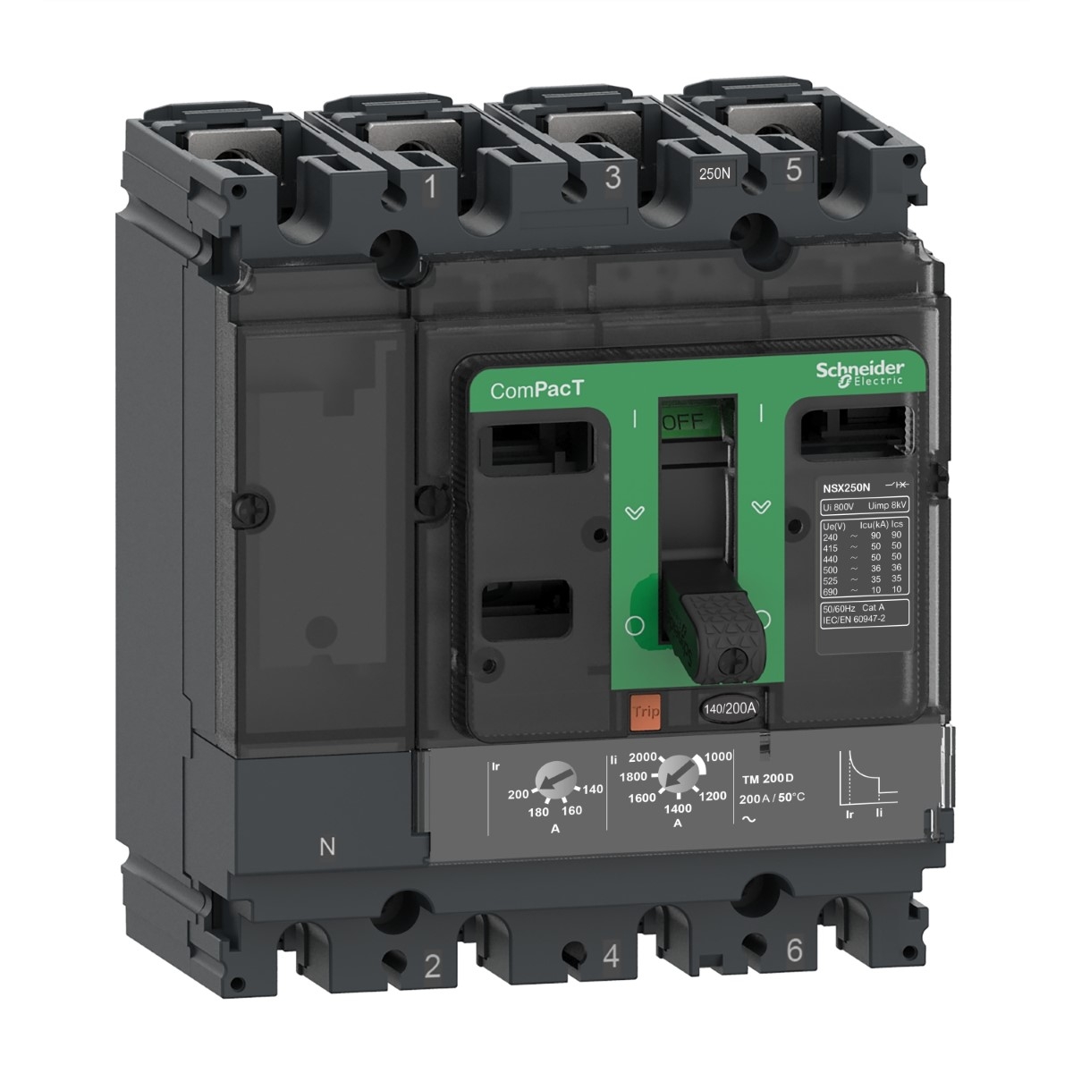 Circuit breaker, ComPacT NSX100N, 50kA/415VAC, 4 poles 4D (neutral fully protected), TMD trip unit 16A, 50 degrees C