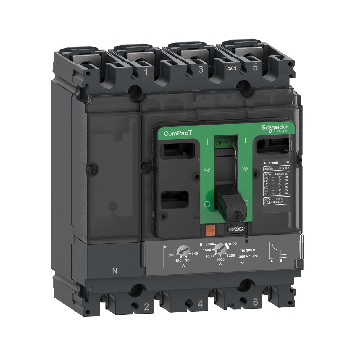 Circuit breaker, ComPacT NSX100N, 50kA/415VAC, 4 poles 3D (neutral not protected), TMD trip unit 80A, 50 degrees C