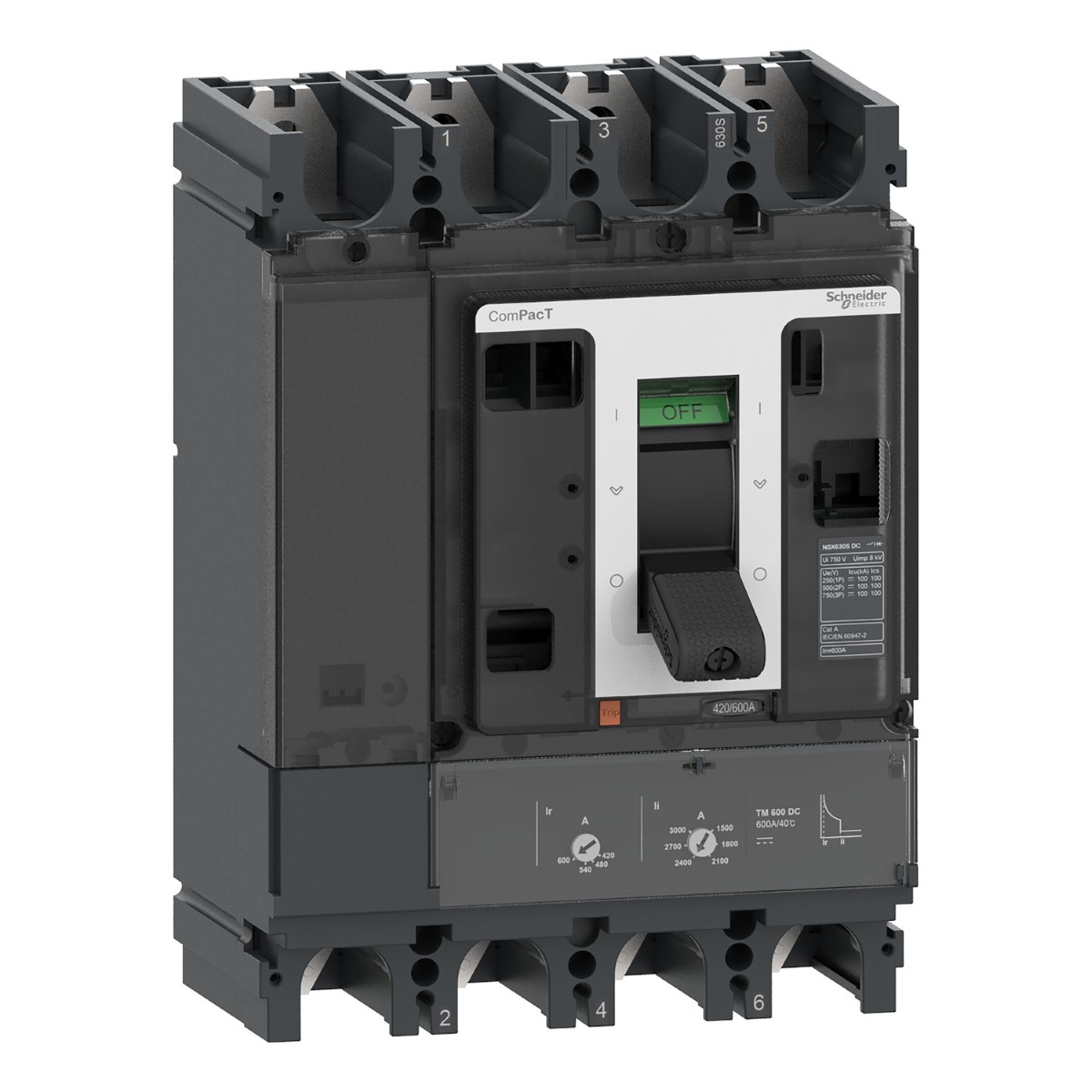 Circuit breaker, ComPacT NSX400F DC, 36kA/750VDC, 4 poles, TM-DC trip unit 400A