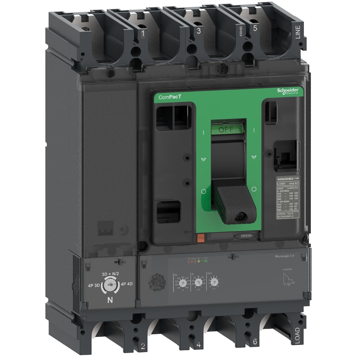 Circuit breaker, ComPacT NSX400H, 70kA/415VAC, 4 poles, MicroLogic 2.3 trip unit 400A