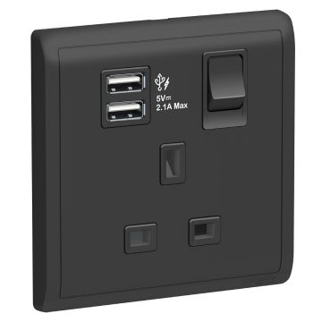 13A 1 Gang Switched Socket with 2.1A USB, Matt Black