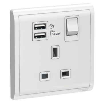 13A 1 Gang Switched Socket with 2.1A USB, White