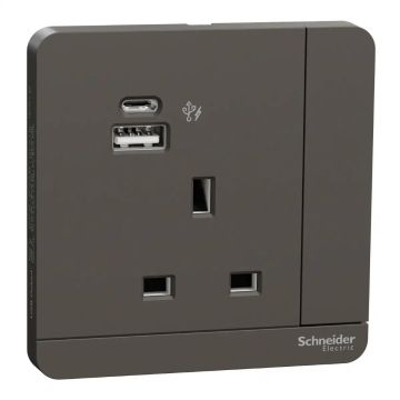 13A 1G DP Sw Socket w LED w 2USB, A+C, 21W, Dark Grey