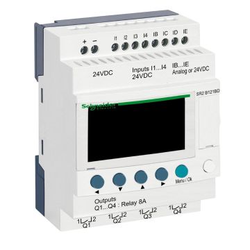 compact smart relay, Zelio Logic SR2 SR3, 12 IO, 24V DC, clock, display, 4 relay outputs