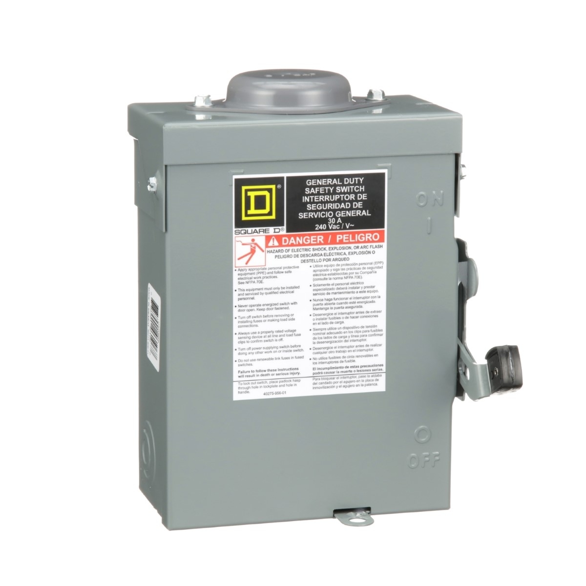 Safety switch, general duty, fusible, 30A, 3 pole, 7.5hp, 240VAC, NEMA 3R, bolt on provision, neutral factory installed