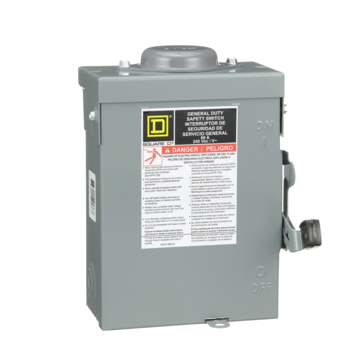 Safety switch, general duty, non fusible, 60A, 3 pole, 3 wire, 15hp, 240VAC, NEMA 3R, bolt on hub provision