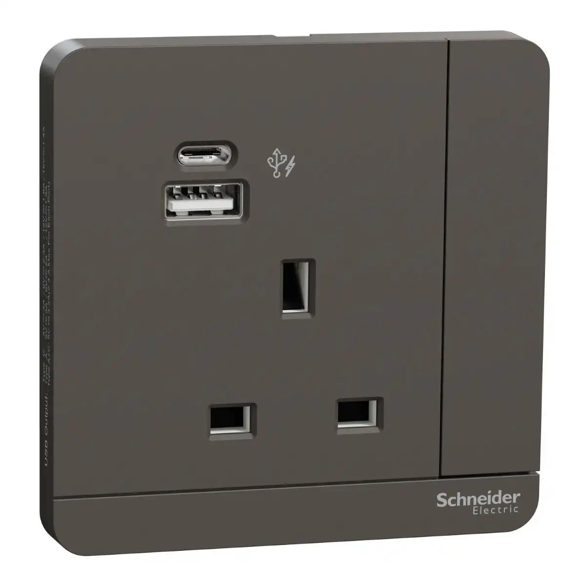 13A 1G DP Sw Socket w 2USB, A+C, 21W, Dark Grey