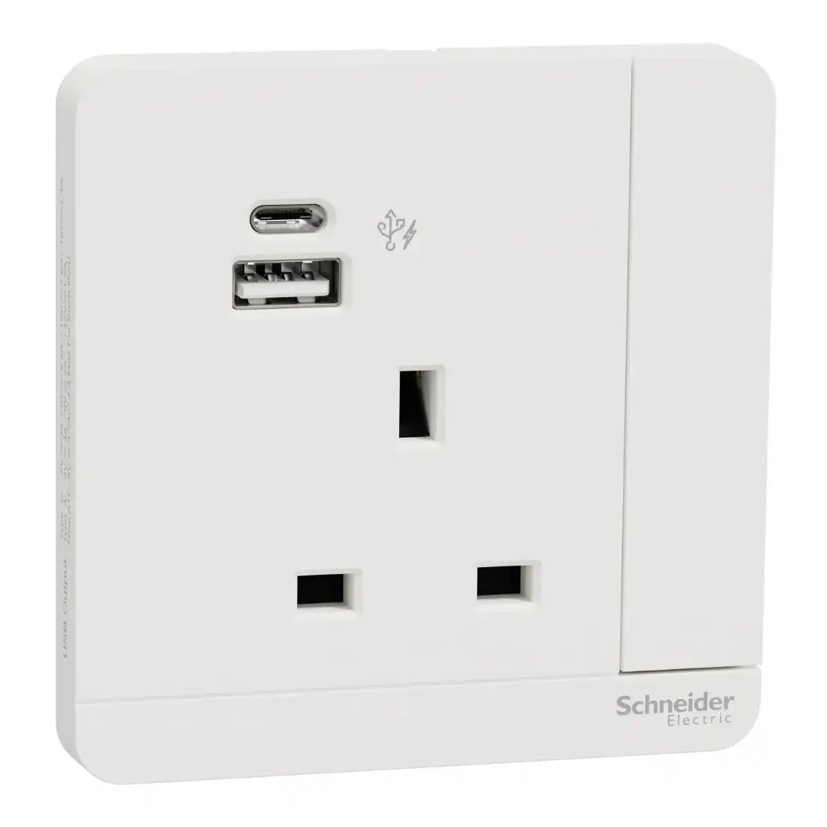 13A 1G DP Sw Socket w LED w 2USB, A+C, 21W, White