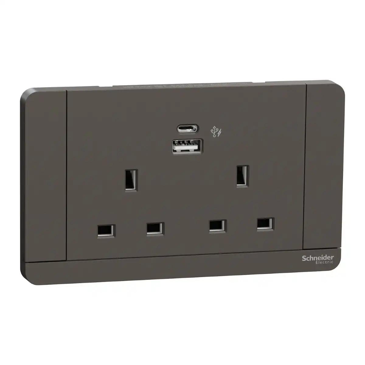 13A 2G DP Sw Socket w 2USB, A+C, 21W, Dark Grey