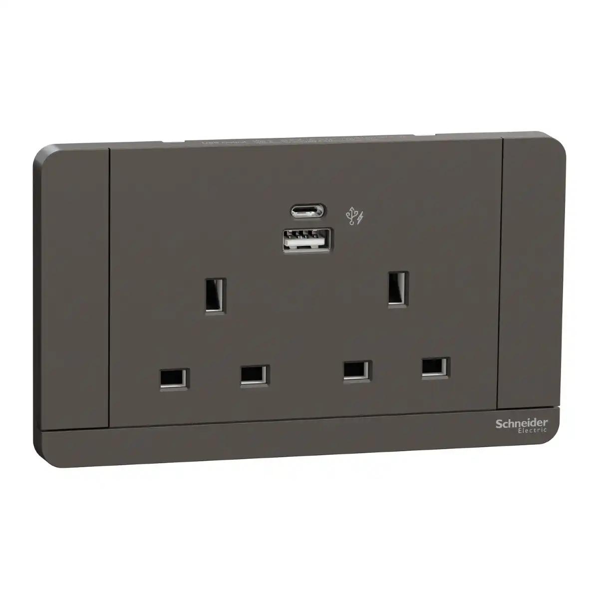 13A 2G DP Sw Socket w LED w 2USB, A+C, 21W, Dark Grey