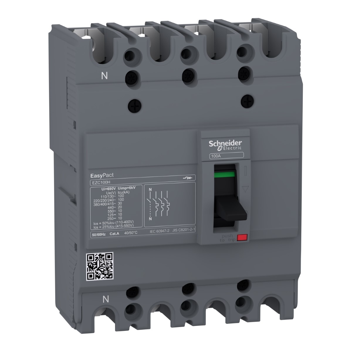 circuit breaker, EasyPact EZC100H, TMD, 32A, 4 poles 3d