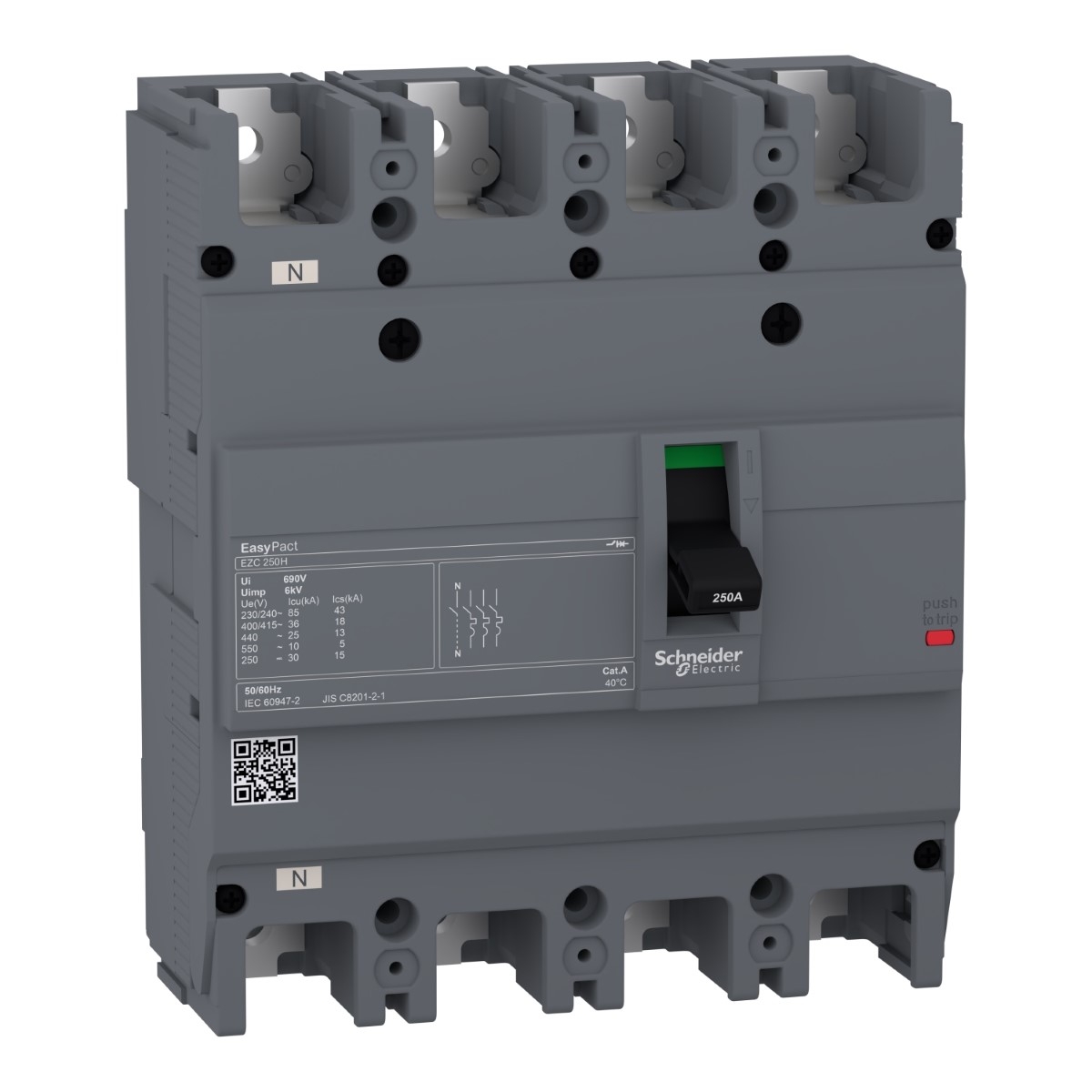 circuit breaker, EasyPact EZC250H, TMD, 63A, 4 poles 3d