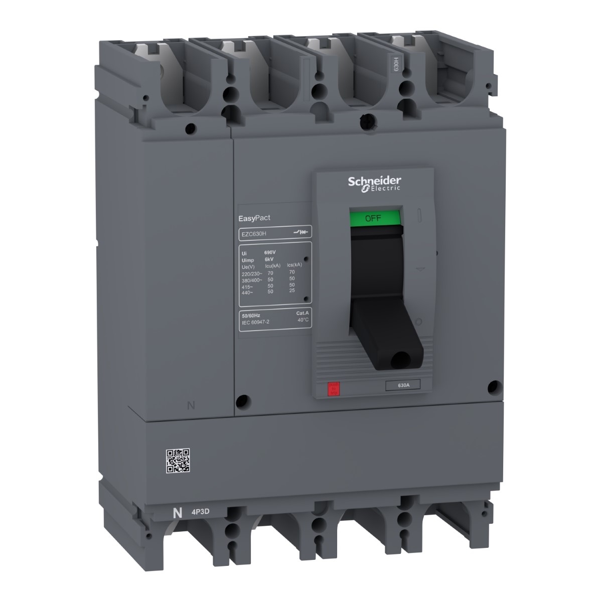 circuit breaker, Easypact EZC630H, TMD, 500A, 4 poles 3d