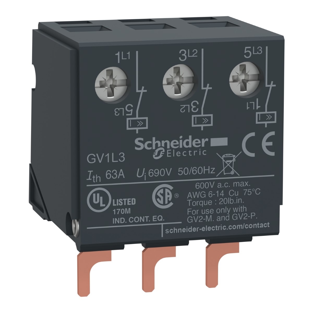 Current limiter,TeSys Deca Frame 2,32A/690V,activation 1.5kA,at top of GV2ME/GV2P/GV2RT with screw clamp connections