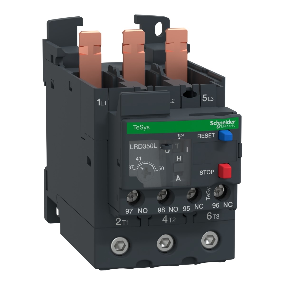 Thermal overload relay, TeSys Deca, 690VAC, 37 to 50A, 1NO+1NC, class 20, for D40A to D65A, EverLink springs