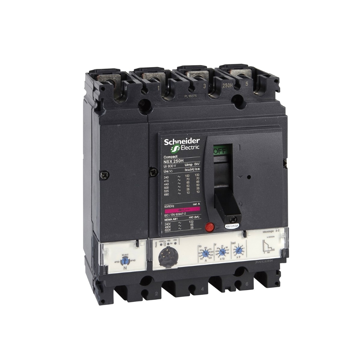 Circuit breaker, ComPact NSX160H, 70kA/415VAC, MicroLogic 2.2 trip unit 160A, 4 poles 4d