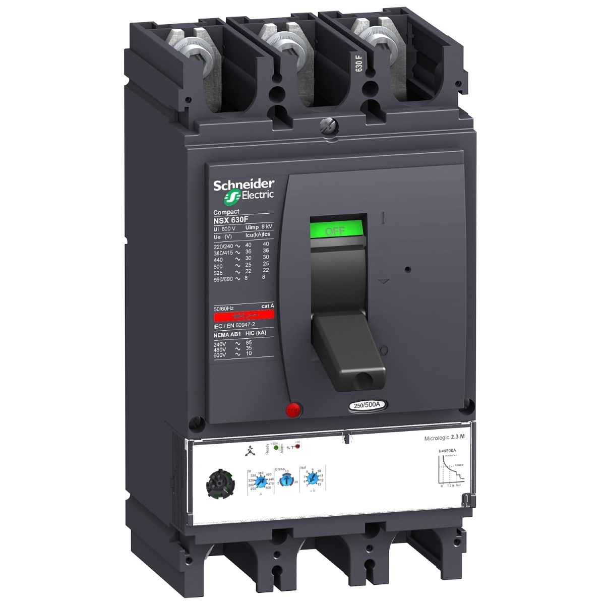 Circuit breaker, ComPact NSX630N, 50kA/415VAC, MicroLogic 2.3M trip unit 500A, 3 poles 3d