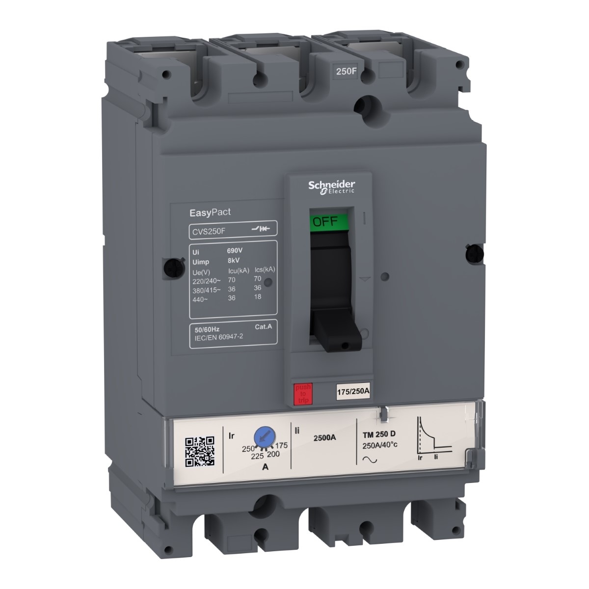 circuit breaker, EasyPact CVS100F, 36kA at 415VAC, 50A, TM-D trip unit, 3P3d