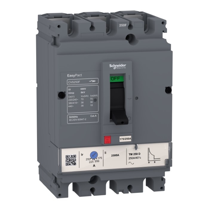 circuit breaker, EasyPact CVS100F, 36kA at 415VAC, 100A, TM-D trip unit, 3P3d