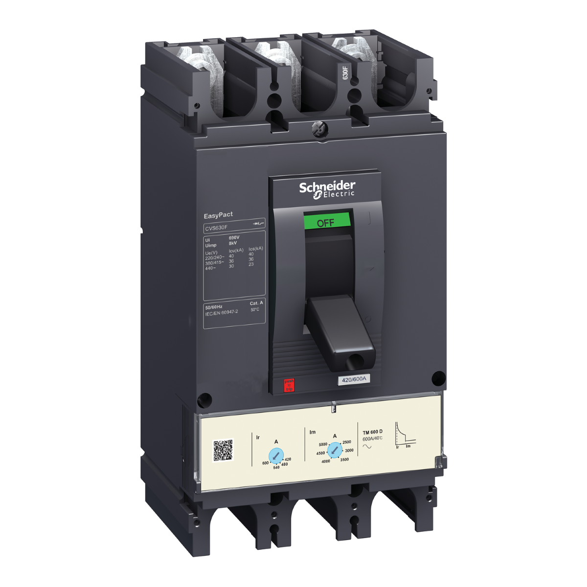 circuit breaker, EasyPact CVS630F, 36kA at 415VAC, 600A, TM-D trip unit, 3P3d