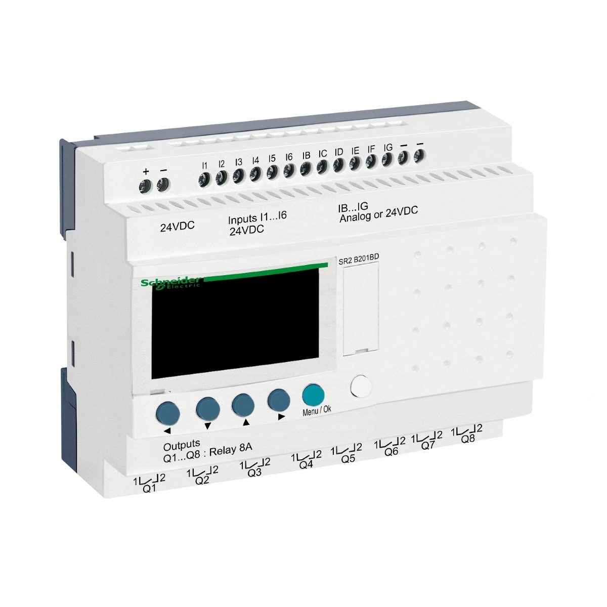 compact smart relay, Zelio Logic SR2 SR3, 20 IO, 24V DC, clock, display, 8 relay outputs