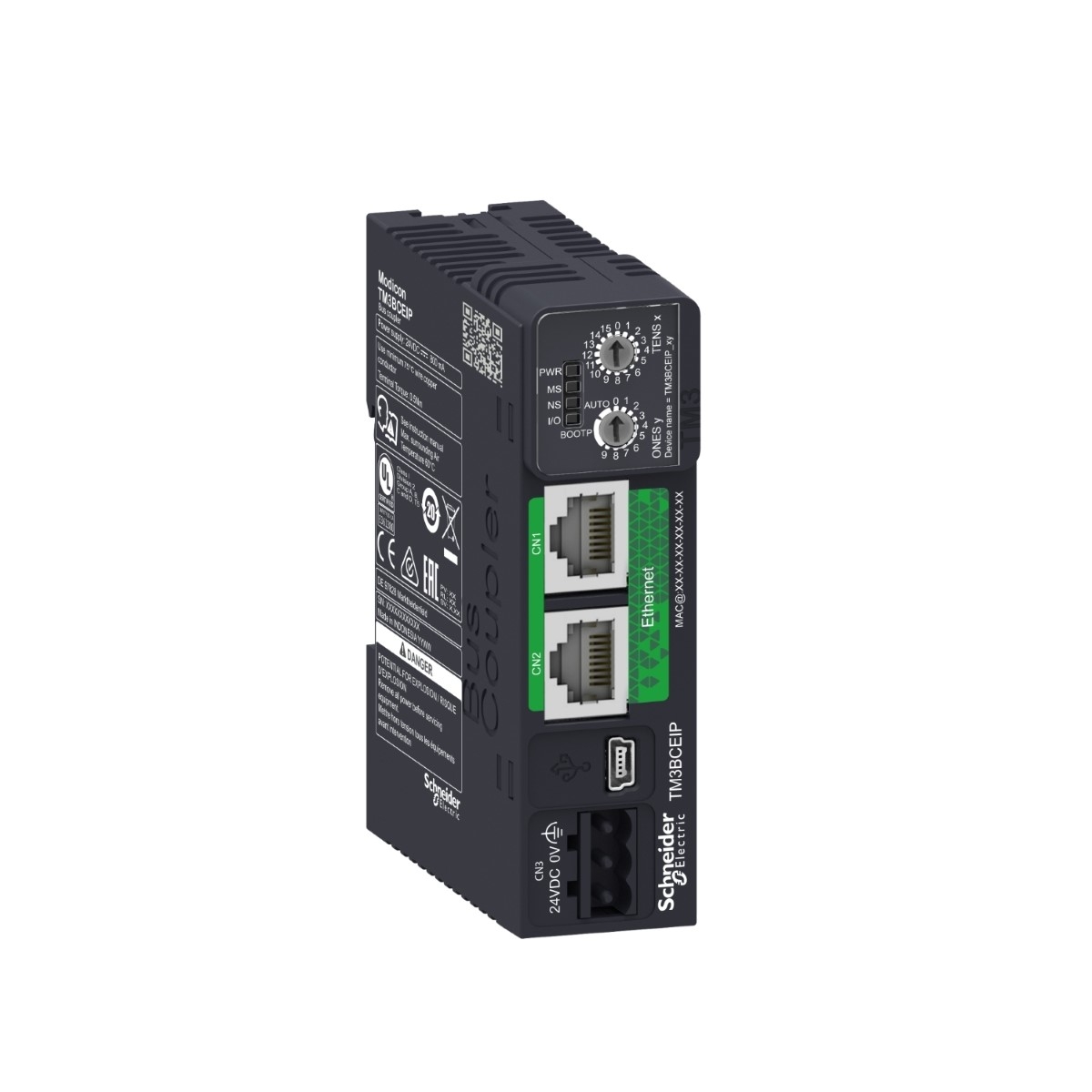 distributed IO module, Modicon TM3, IP20 optimized bus coupler, Ethernet interface